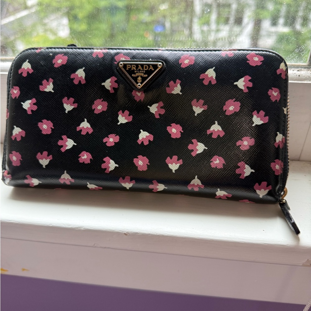 Prada Black Floral Zip-Around Wallet with Pink and Cream Flowers